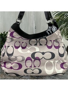 Coach Signature Pattern Shoulder Bag in Purple, Black & silver
